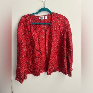 Vintage Chico's Design Red 100% Silk Woven Open Artistic Jacket Size 2